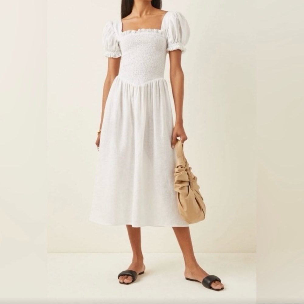 Sleeper Belle White Midi Dress with Puff Sleeves